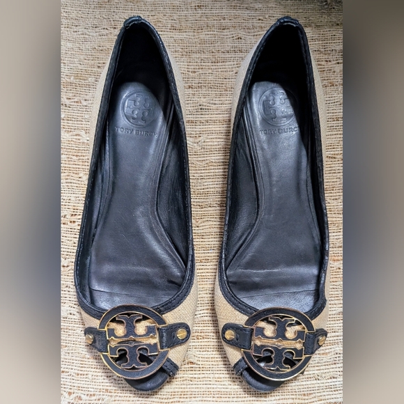 Tory Burch • Amanda Canvas Wedge Espadrille Peep Toe Beige Size 9